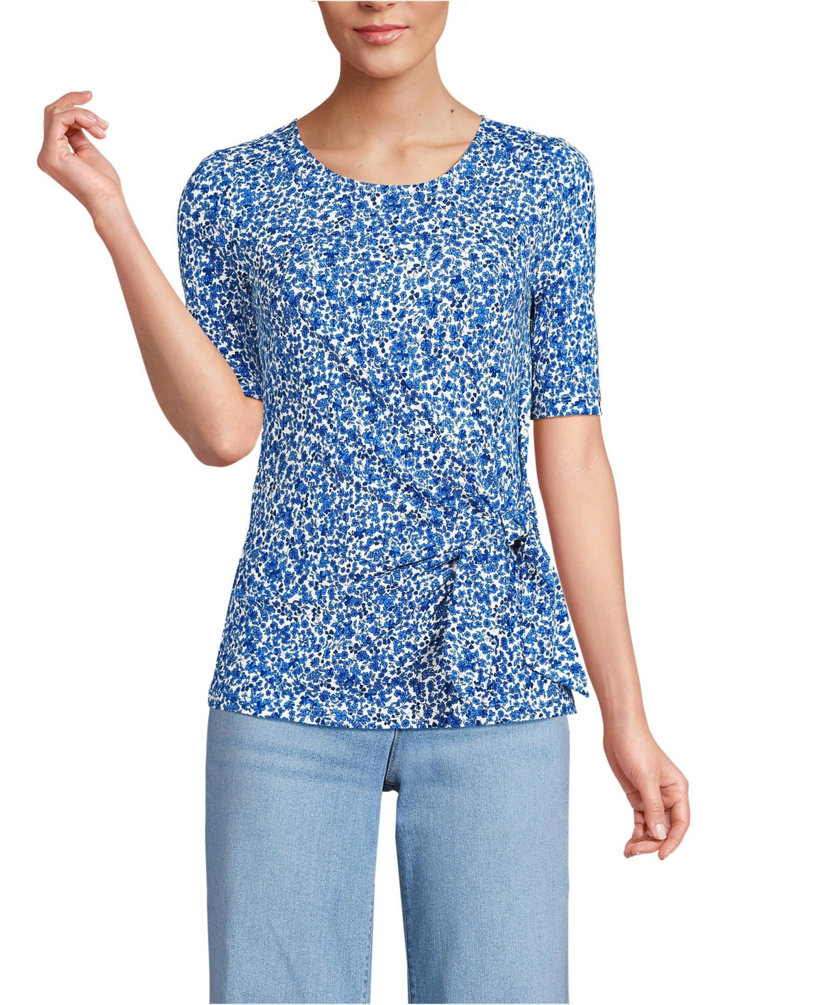 Lands' End Petite Lightweight Jersey Tie Front Top -vista blue flowers