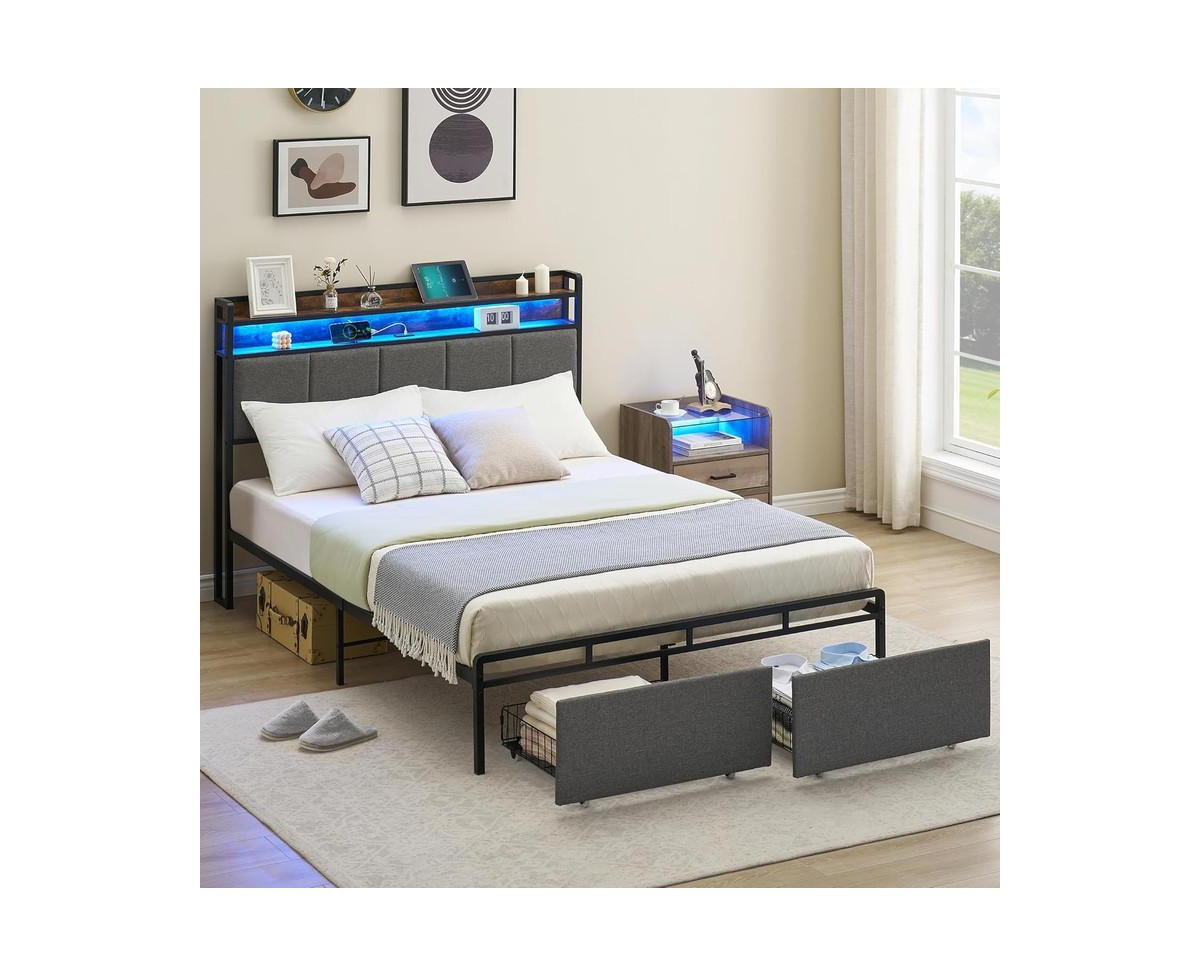 gaomon Size Bed Frame with Headboard and Storage Drawers, Upholstered Platform Bed Frame with Chargin Station and Led Lights, Heavy Duty, No Box