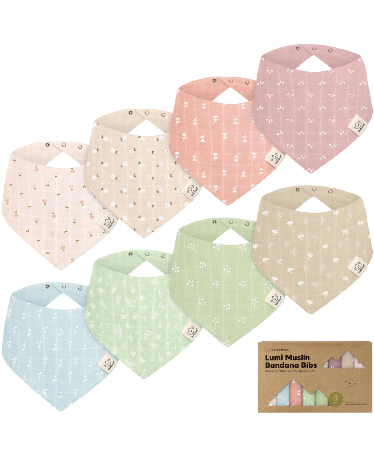 KeaBabies 8pk Lumi Muslin Baby Bibs, Bandana Bibs for Baby Boy, Baby Girl, Muslin Drool Bib for Newborn, Toddler - Wild bloom