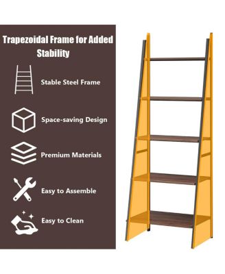 5 Tier Leaning Bookshelf Wood Metal Bookcase