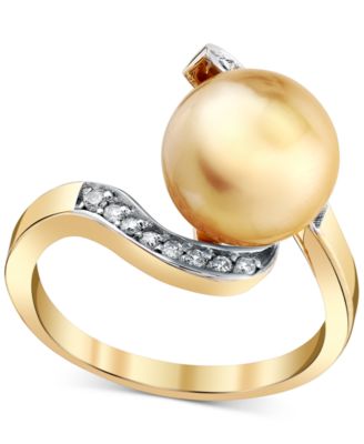 Macy's - Cultured Golden South Sea Pearl (10mm) & Diamond (1/6 ct. t.w.) Swirl Ring in 14k Gold