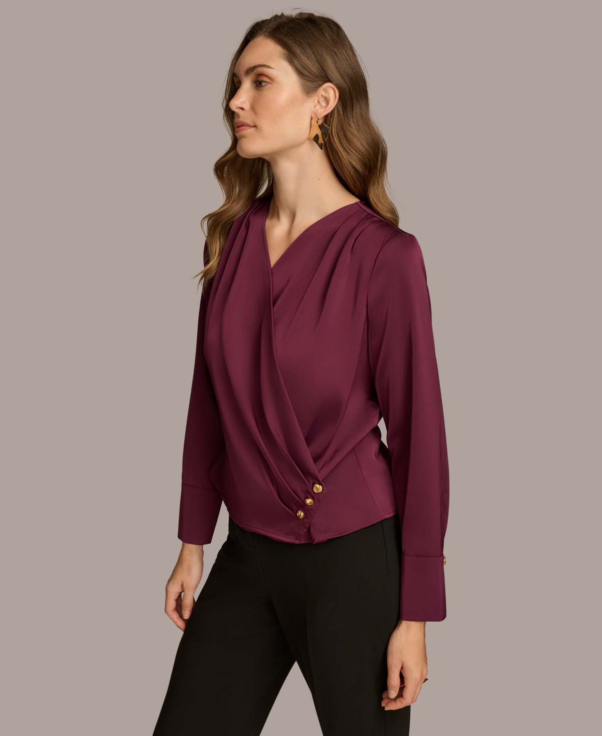 Donna Karan New York Women's Long Sleeve Faux-Wrap Satin Blouse