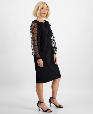 Petite Sheer-Sleeve Appliqu&eacute; Sheath Dress