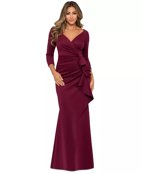 petite ruched ruffled gown