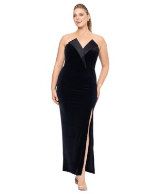 Betsy & Adam - Plus Size Strapless Front-Slit Velvet Gown