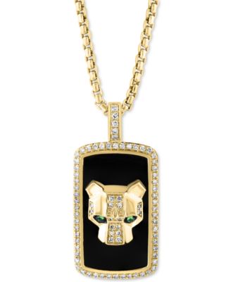 EFFY&reg; Men's Onyx, Diamond (1/5 ct. t.w.), & Tsavorite Accent Panther Head Dog Tag 22" Pendant Necklace in 14k Gold