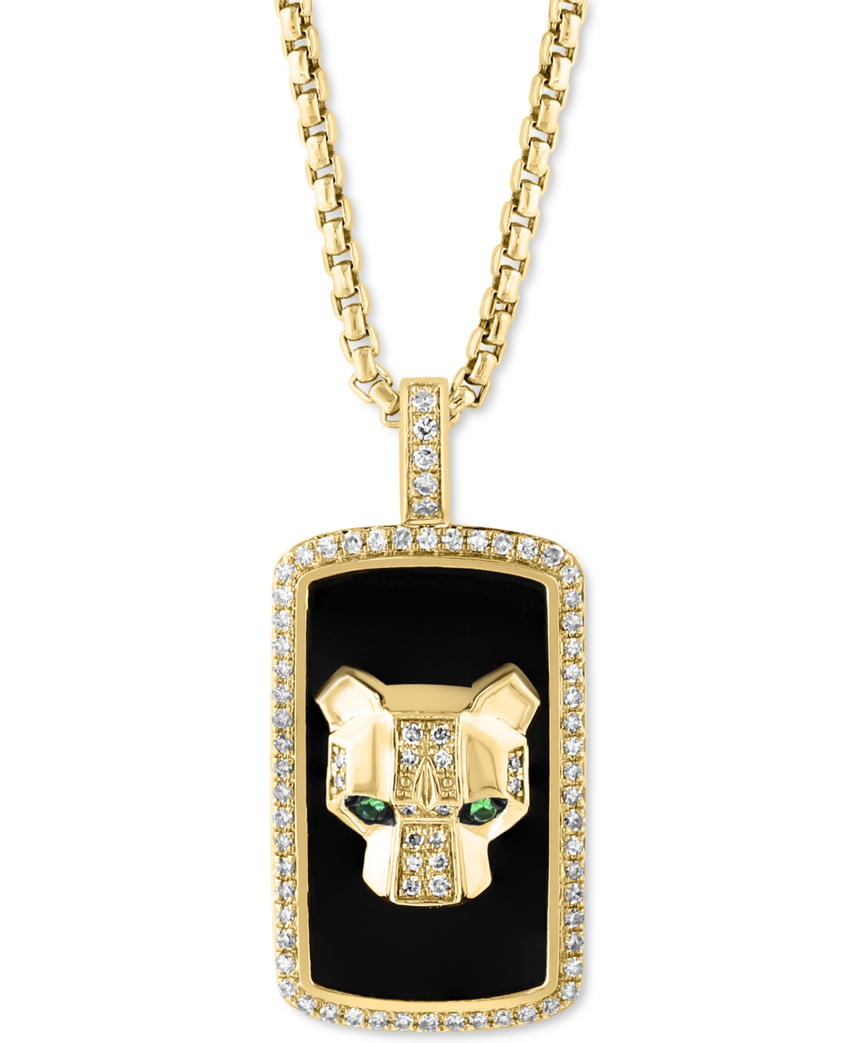 Effy Collection Effy Men's Onyx, Diamond (1/5 Ct. T.w.), & Tsavorite Accent Panther Head Dog Tag 22" Pendant Necklac In Yellow Gol