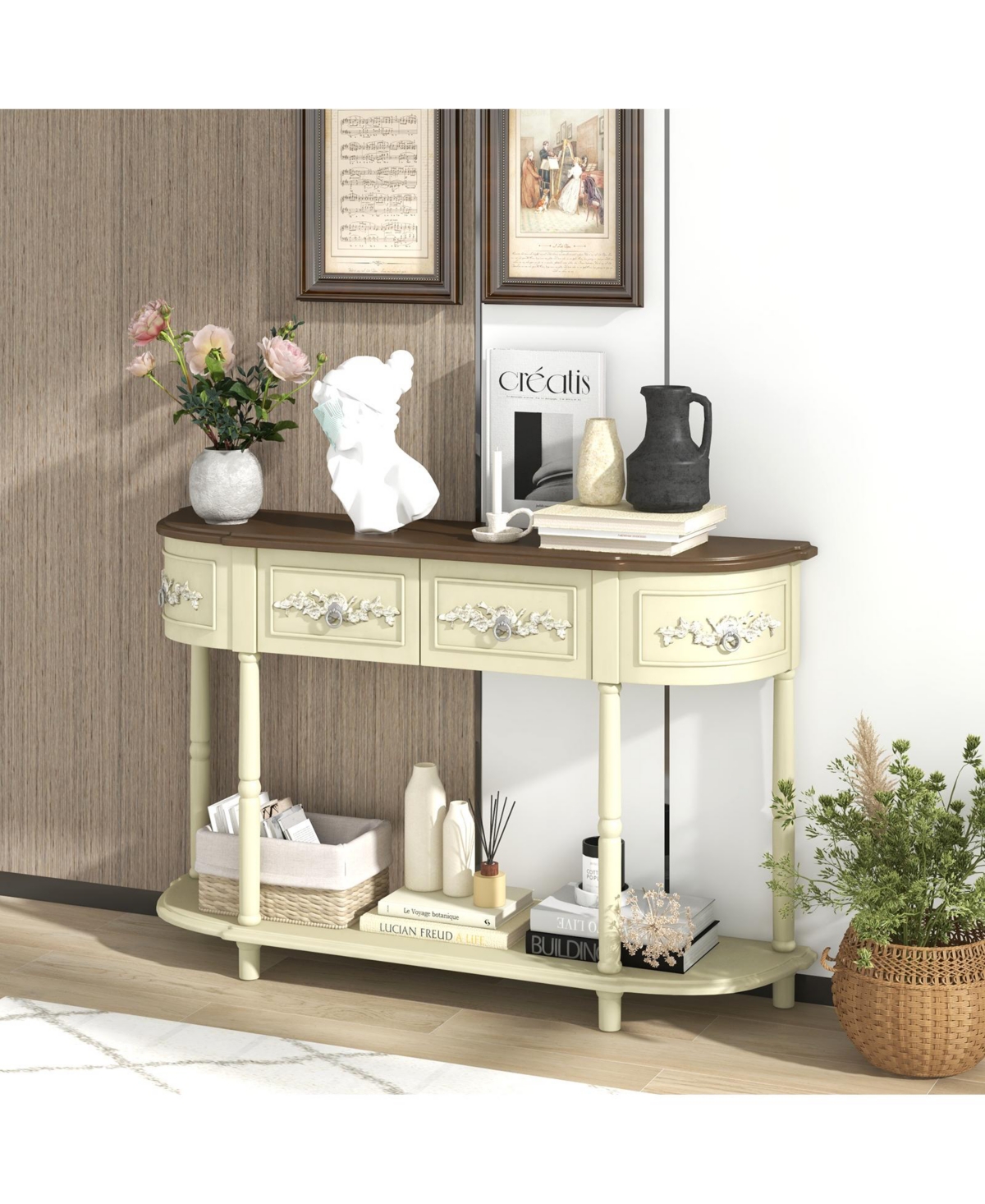 Sugift Retro Curved Console Table with Drawers and Solid Wood Legs- Beige