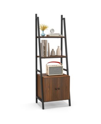 4-Tier Ladder Shelf with Cabinet and Metal Frame-Rustic Brown
