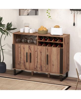 Home Wine Bar Cabinet w/ 3 Doors & Adjustable Shelves 2-tier Wine Rack Sideboard
