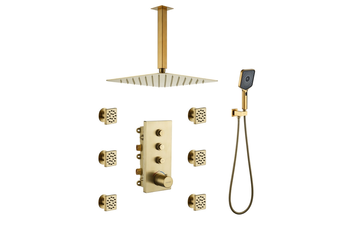 3 Functions 12 Inch Ceiling Mounted Thermostatic Shower System - Brushed gold