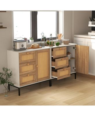 Set of 2 Rattan Sideboard Buffet Cabinet Accent Cabinet w/ 1 Door & 3 Drawers