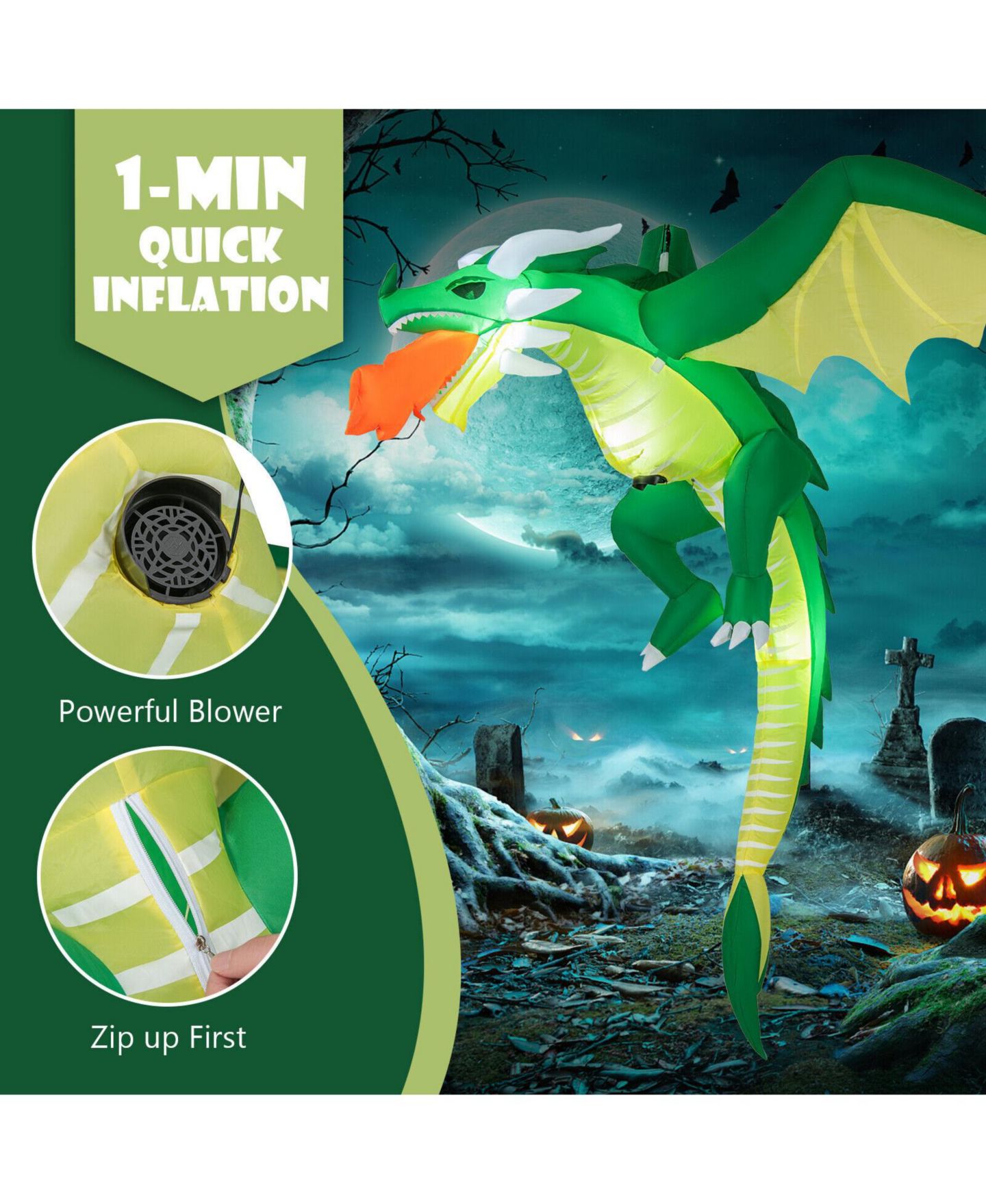 Детская игрушка VEBREDA 5 Feet Hanging Halloween Inflatable Dragon with Waterproof Polyester Fabric, Stakes and Ropes for Yard, цвет: Зелёный — фото 5