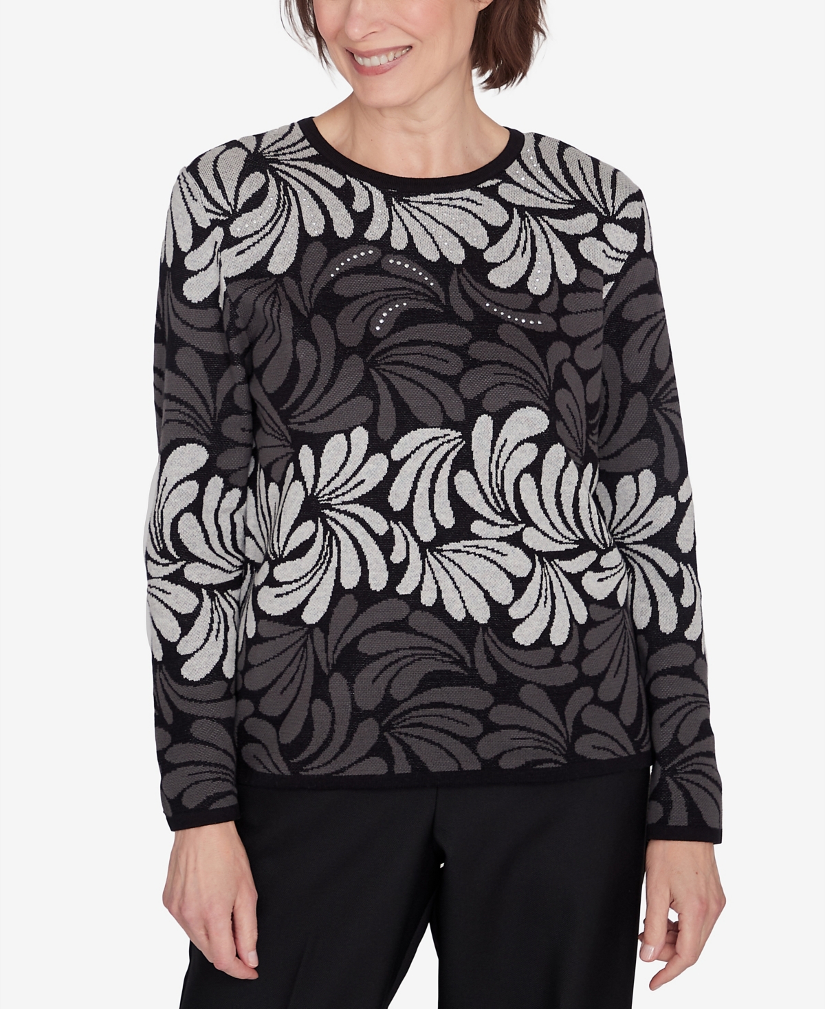 Alfred Dunner Petite Classics Geometric Ombre Scroll Sweater In Charcoal