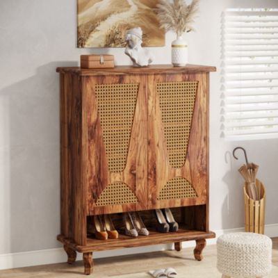 Rattan Shoe Cabinet for Entryway, 5-Tier Large Hidden Shoe Organizer Cabinet with Ventilated Doors, Modern Freestanding 25-Pair Shoe Rack