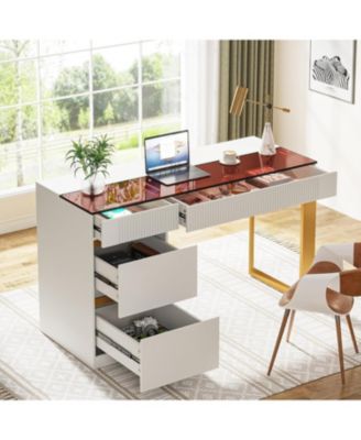 Computer Desk with 4 Drawers, 47 Inch Modern Home Office Desk with Glass Top, White and Gold Writing Workstation Desk with Storage, Makeup Vanity Table for Living Room, Bedroom