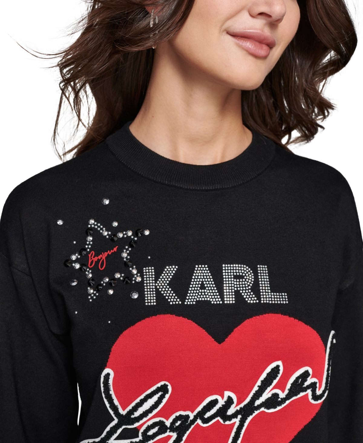 Karl Lagerfeld Paris Women's Petite Embellished Heart Graphic Sweater
