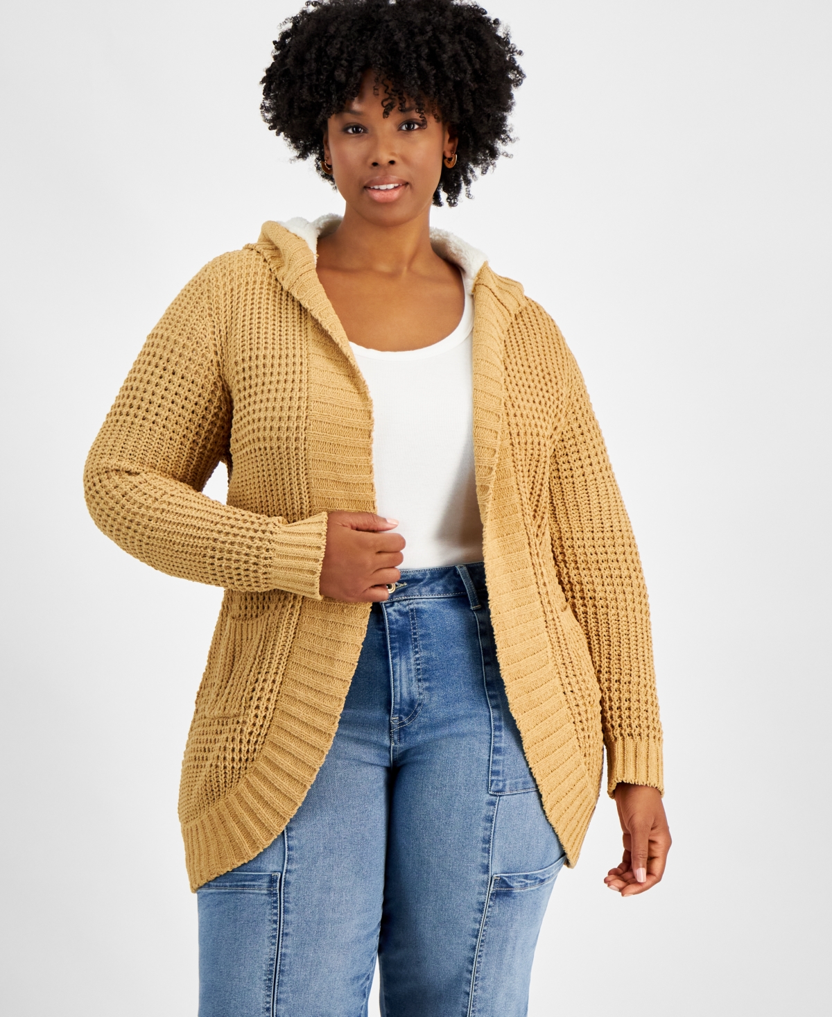 Trendy Plus Fluffy Chenille Hooded Cardigan - Coffee