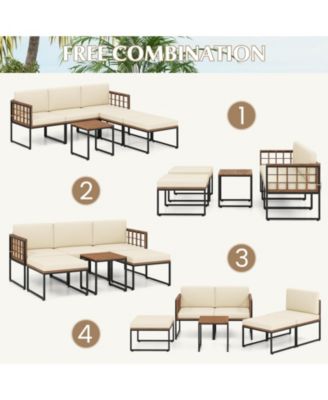 6 Pieces Acacia Wood Patio Furniture Set with Coffee Table and Ottomans-Beige