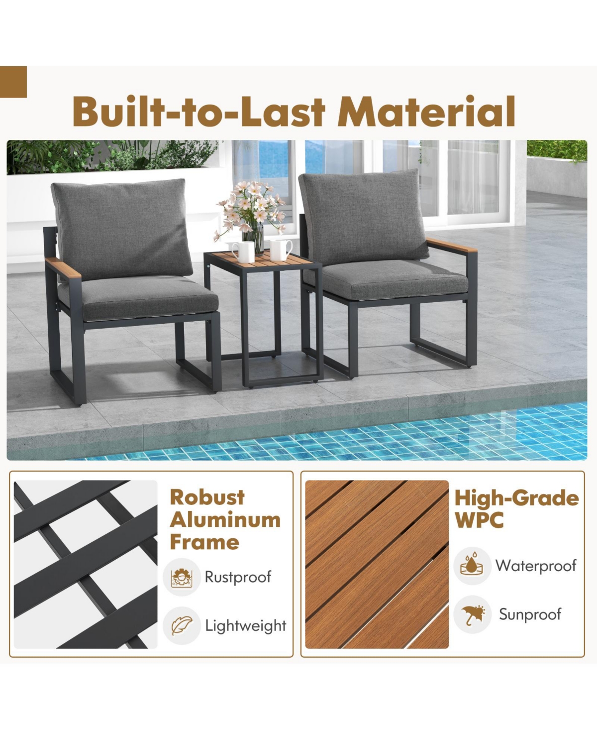 Givimo 3 Pieces Aluminum Frame Weatherproof Outdoor Conversation Set with Soft Cushions-Gray