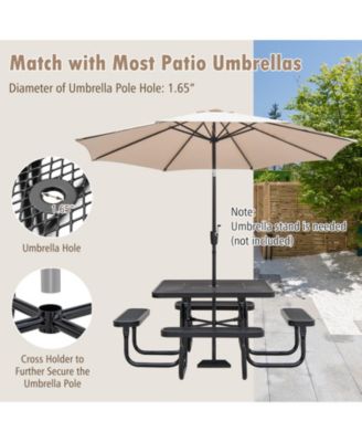 Square Picnic Table and Bench for 8 Person with Seats and Umbrella Hole-Black