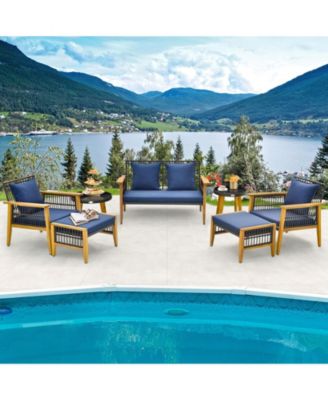 7 Piece Outdoor Conversation Set with Stable Acacia Wood Frame Cozy Seat & Back Cushions-Navy