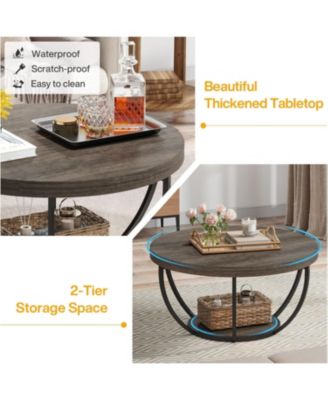 Round Coffee Table, Industrial 2-Tier Circle Coffee Table with Storage Shelves for Living Room, Home Office