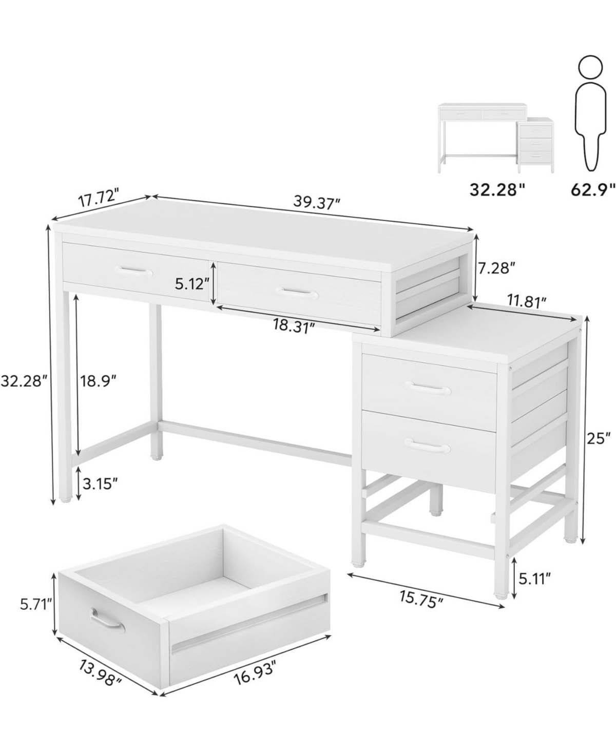 Tribesigns Computer Desk with 5 Drawers, Home Office Desks Reversible Drawer Cabinet Printer Stand, Rustic Study Writing Table Workstation