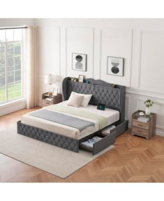 Upholstered Velvet Bed Frame With 4 Storage Drawers and Charging Station, Button Tufted Platform Bed With Wingback Headboard Shelf, Heavy Duty, No Box Spring Needed, Easy Assembly, King Size, Grey