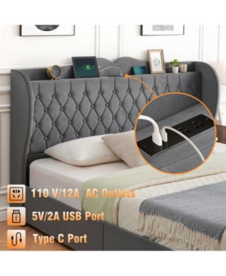 Upholstered Velvet Bed Frame With 4 Storage Drawers and Charging Station, Button Tufted Platform Bed With Wingback Headboard Shelf, Heavy Duty, No Box Spring Needed, Easy Assembly, King Size, Grey