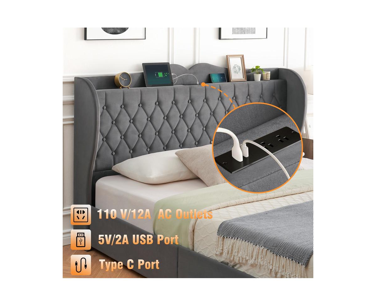 gaomon Upholstered Velvet Bed Frame With 4 Storage Drawers and Charging Station, Button Tufted Platform Bed With Wingback Headboard Shelf, Heavy Duty
