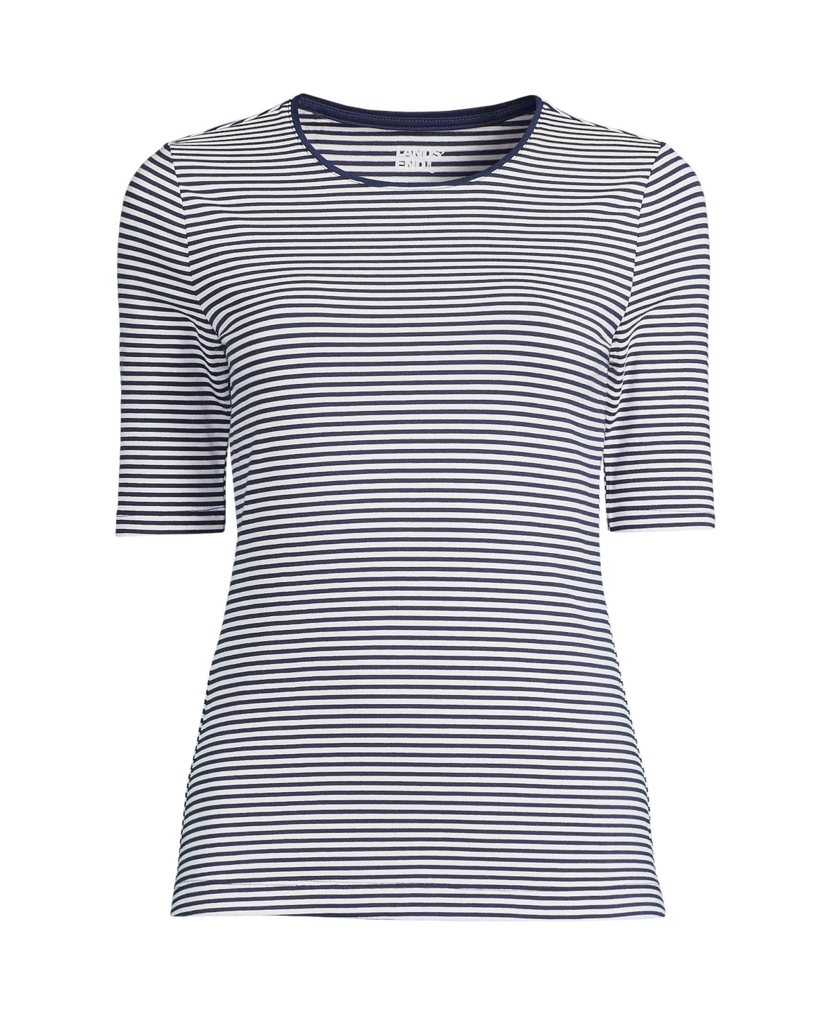 Lands' End Women's Lightweight Jersey Skimming Elbow Sleeve Crew Neck T-shirt -white micro stripe