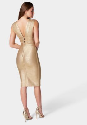 Women's Foiled Bandage Plunge Neck Midi Dress