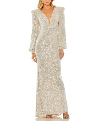 Mac Duggal Women's Sequined Plunge Neck Structured Bishop Sleeve Gown ...