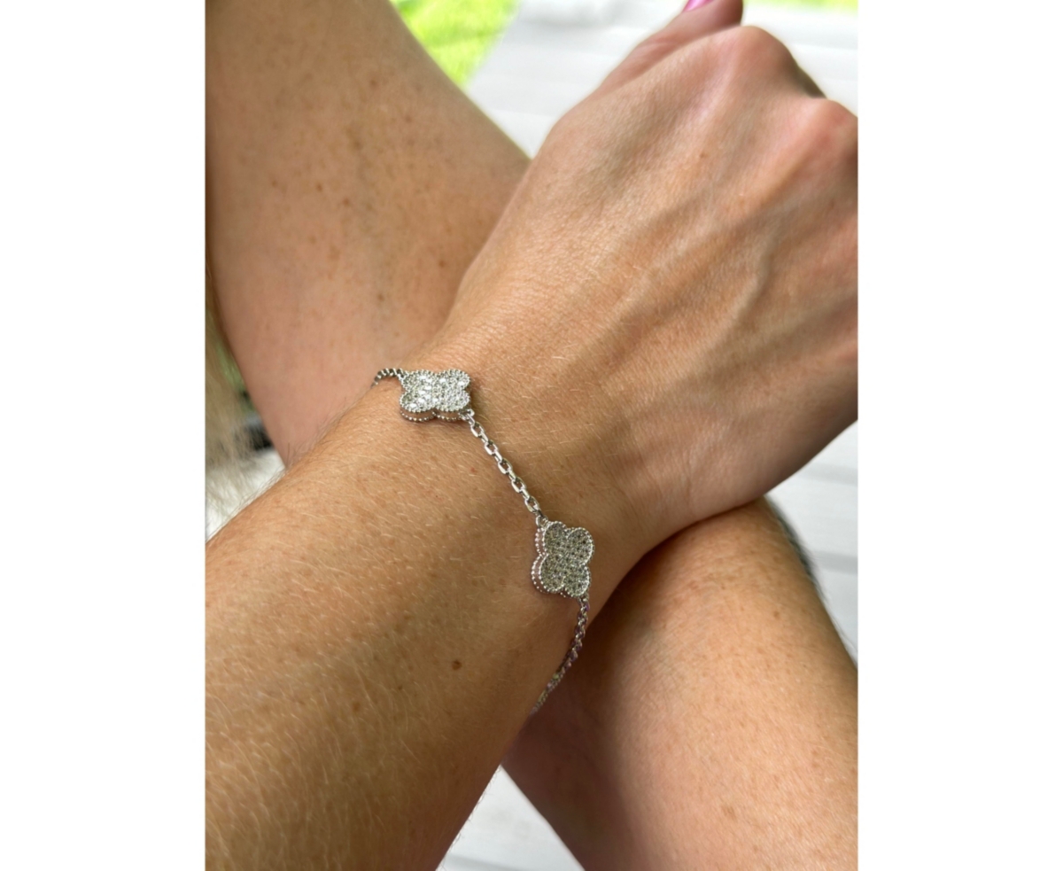 Rivka Friedman Rhodium Pave Clover Station Bracelet