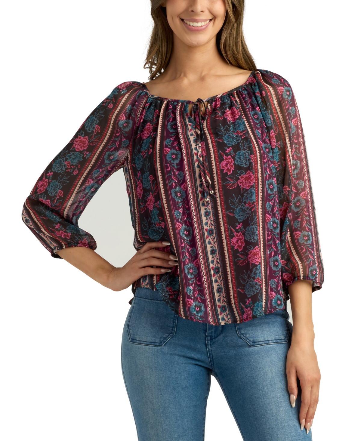 BCX JUNIORS' PRINTED ROUND-NECK 3/4-SLEEVE PEASANT BLOUSE 