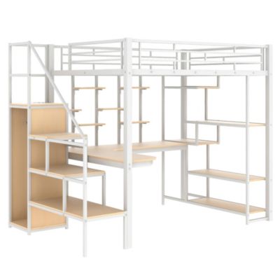  Metal Loft Bed with Staircase, Wardrobe, Desk, & Shelves