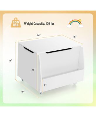 Kids Toy Box Wooden Storage Chest Bench with Bookshelf Wheels Safety Hinge Lid