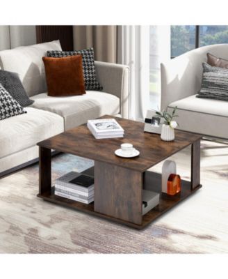 2 Tiers Square Coffee Table with Storage and Non-Slip Foot Pads-Rustic Brown