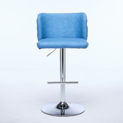Set of 2 Adjustable Bar Stools with Chrome Base and Tufted Back, Blue