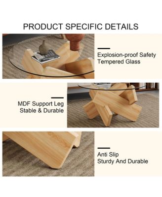Streamdale Modern Circular Glass Coffee Table with Wood Legs