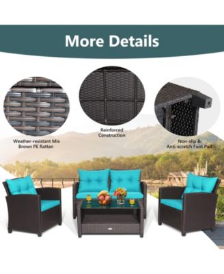 4 Pieces Patio Rattan Conversation Furniture Set with Glass Top Coffee Table