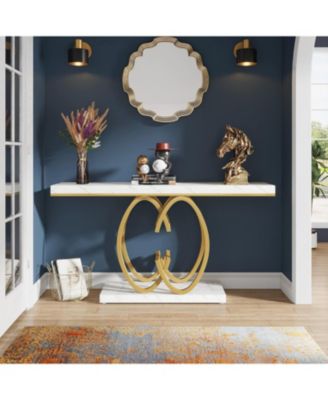 55-Inch Faux Marble Gold Geometric Metal Base Modern Console Table