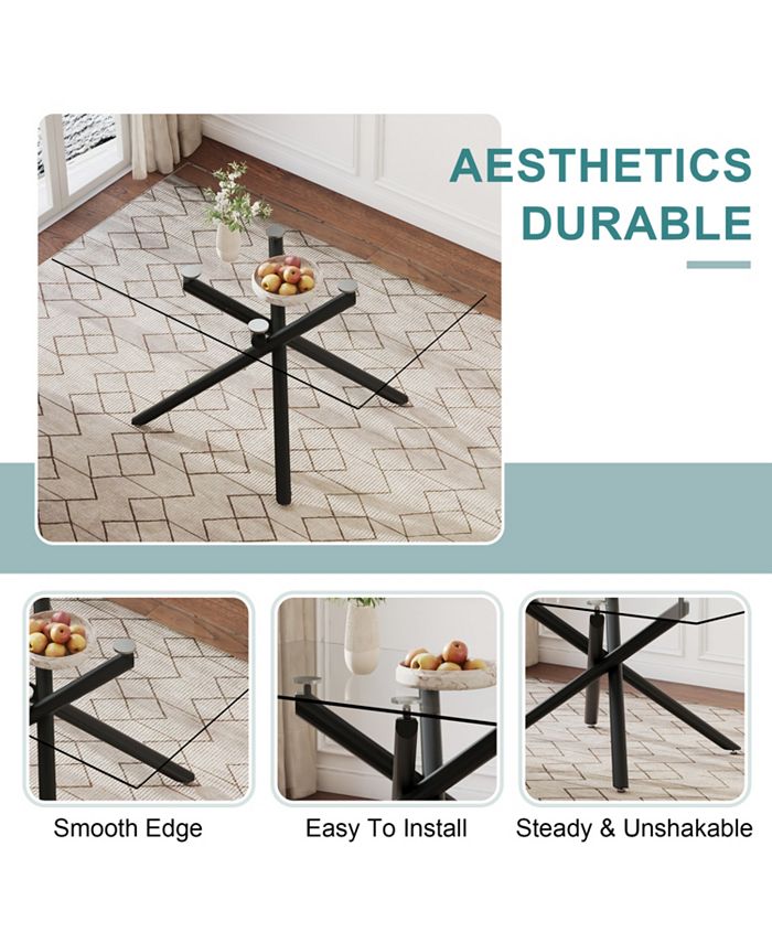Simplie Fun Modern Rectangular Glass Dining Table with Black Metal Legs ...