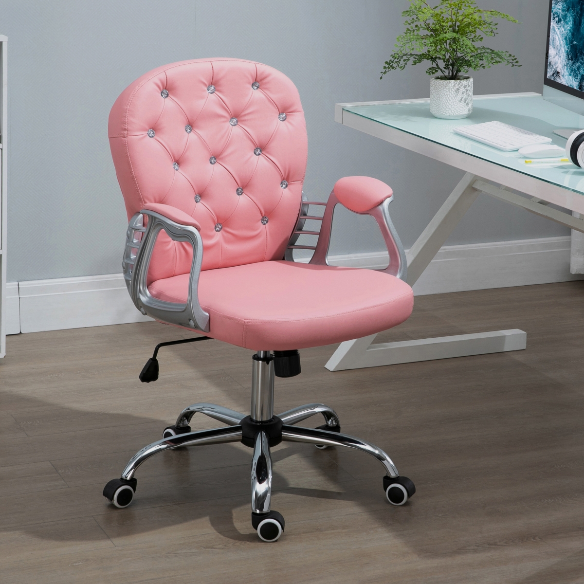 Streamdale FurniturePu Leather Desk Chair with Padded Arms, Adjustable Height & Wheels - Pink