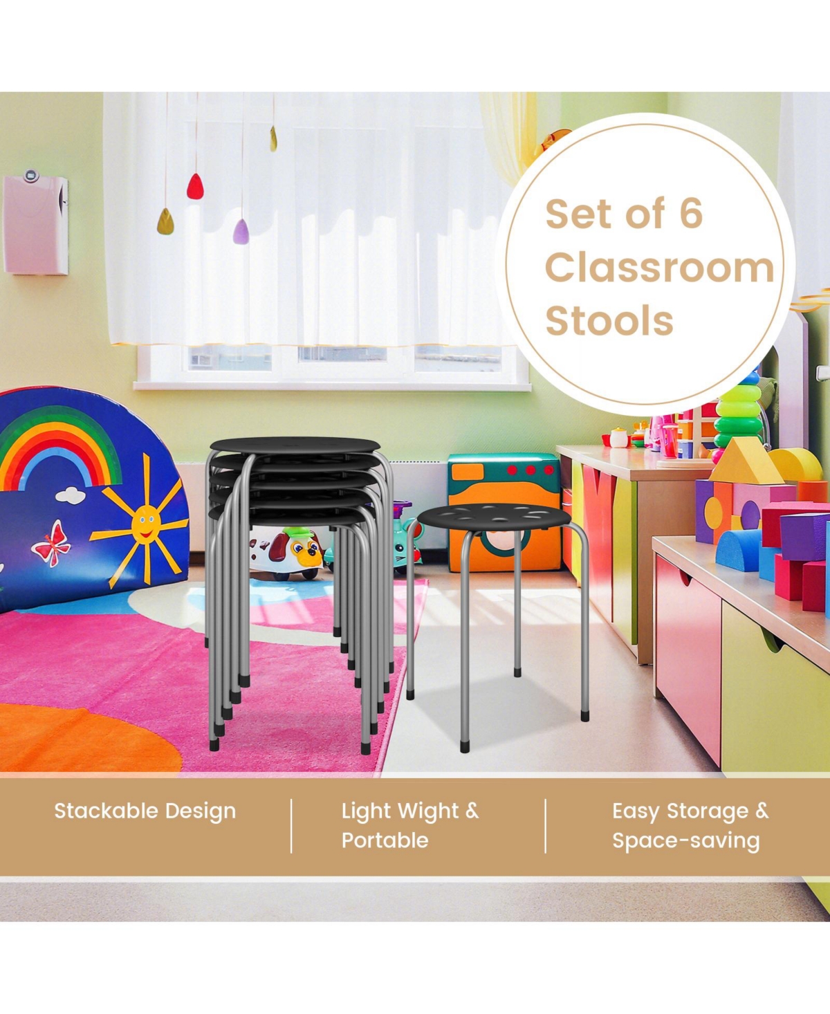 Skonyon Set of 6 Portable Plastic Stack Stools with Metal Frame