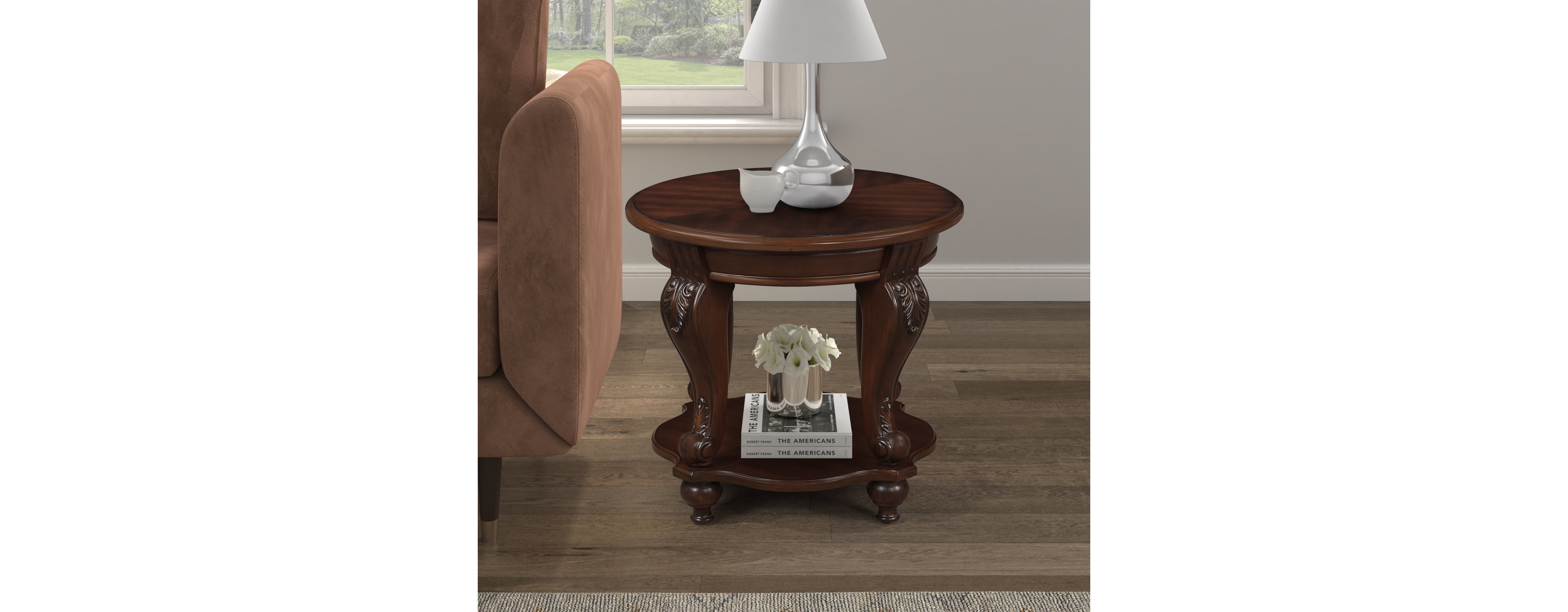 Streamdale Furniture Retro Round End Table with Shelf, Cherry