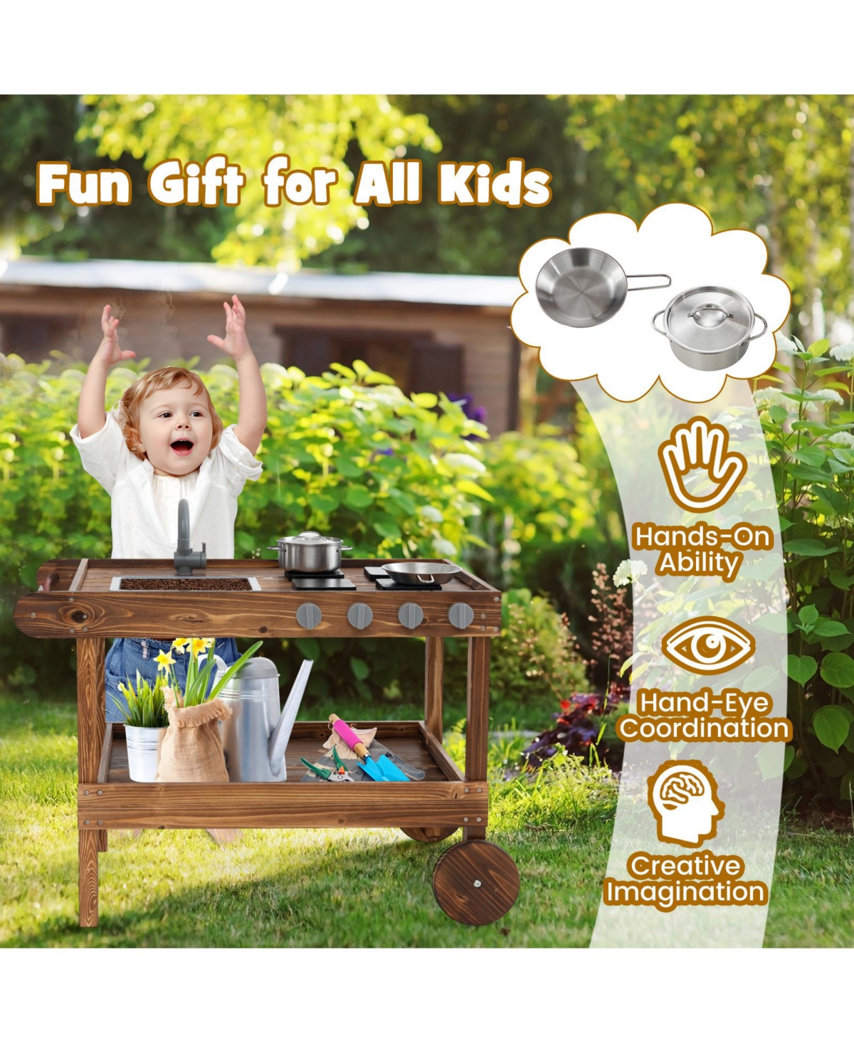 Vebreda Outdoor Movable Mud Kitchen with 2 Rolling Wheels and 1 Push Handle- Natural