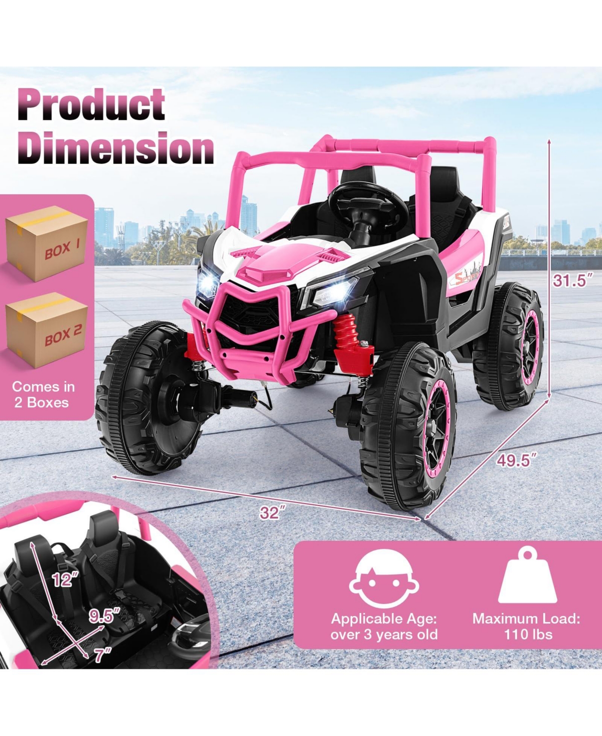 Vebreda 2-Seater Kids Ride on Utv with Remote Control for over 3 Years Old Children- Pink