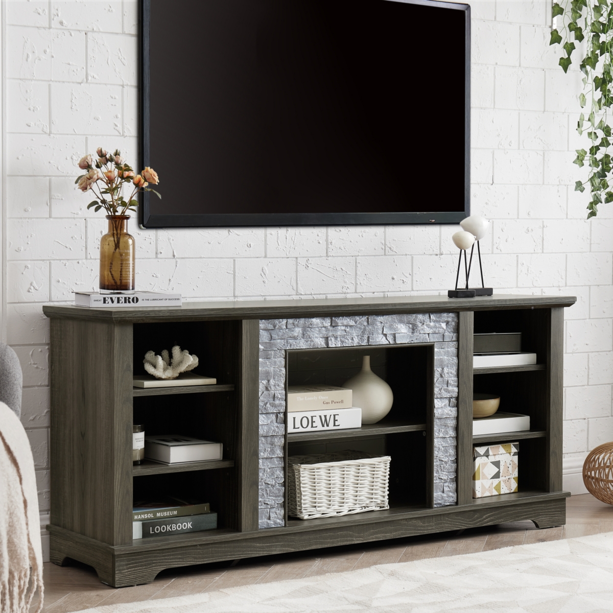 Streamdale Furniture Mantel Stone Tv Media Stand with Faux Stone Surround